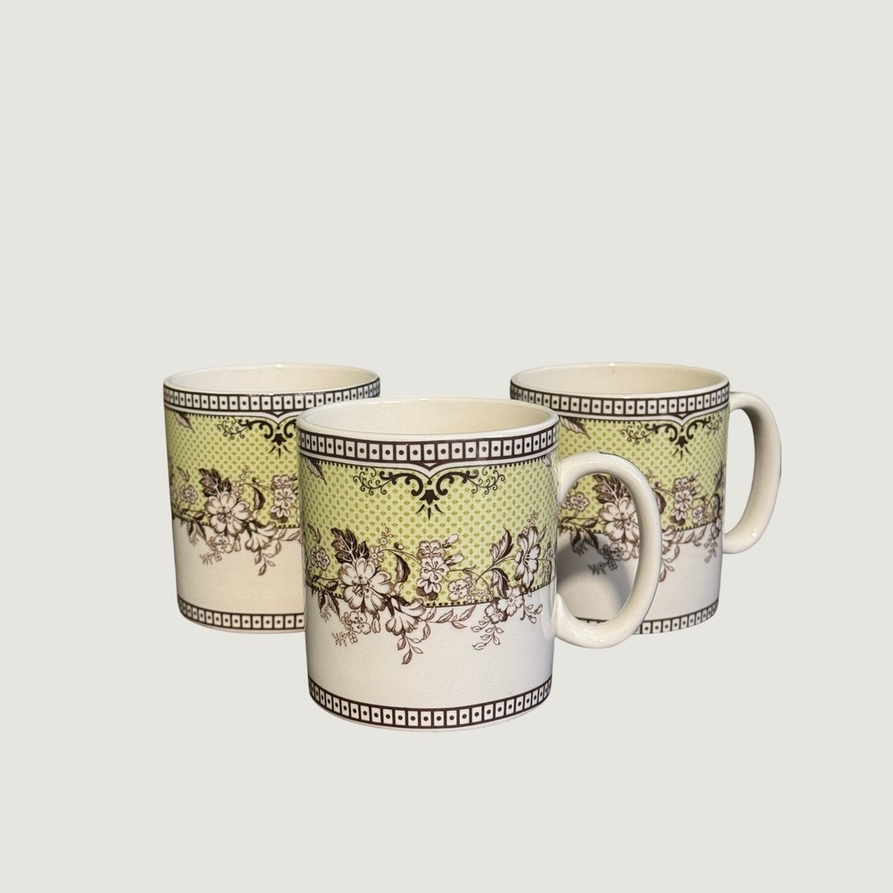 Three Spode Thomas Kinkade Cottage Floral Mugs Green Brown